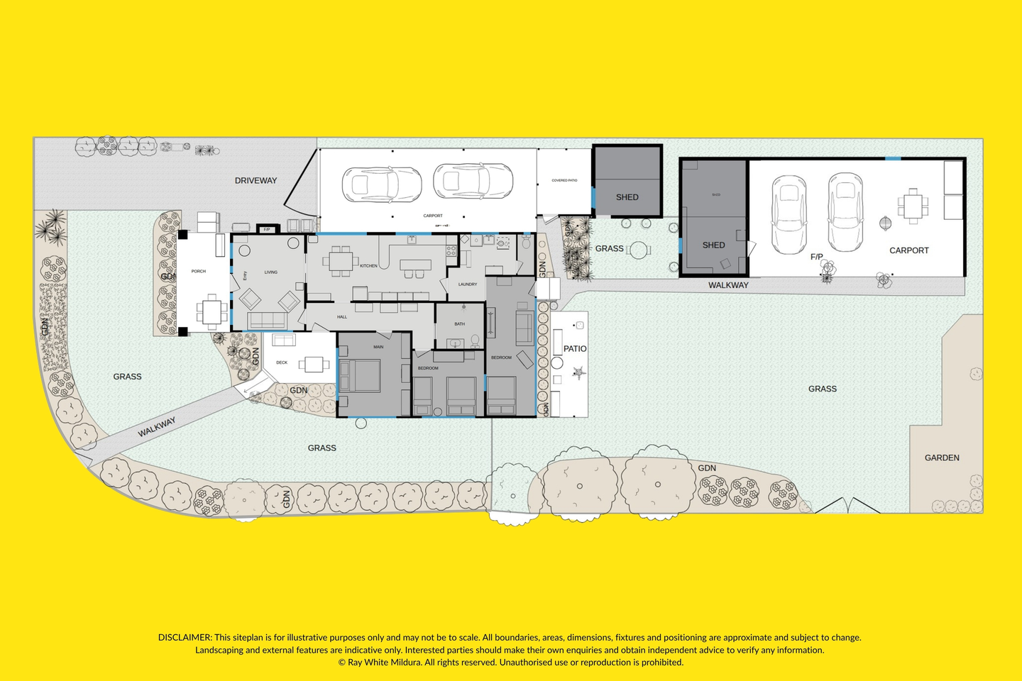 Floor and site plan showing the home, porch, outdoor areas, carports and sheds