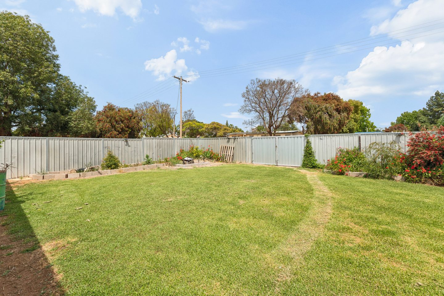 Open back lawn edged by garden beds and fencing